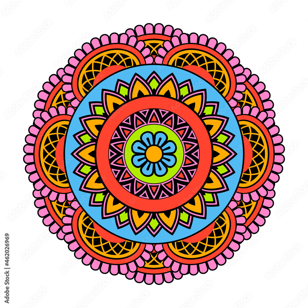 Vector mandala isolated on white background. Card with ornament in blue, red and pink colors. Oriental pattern, vintage decorative element for design