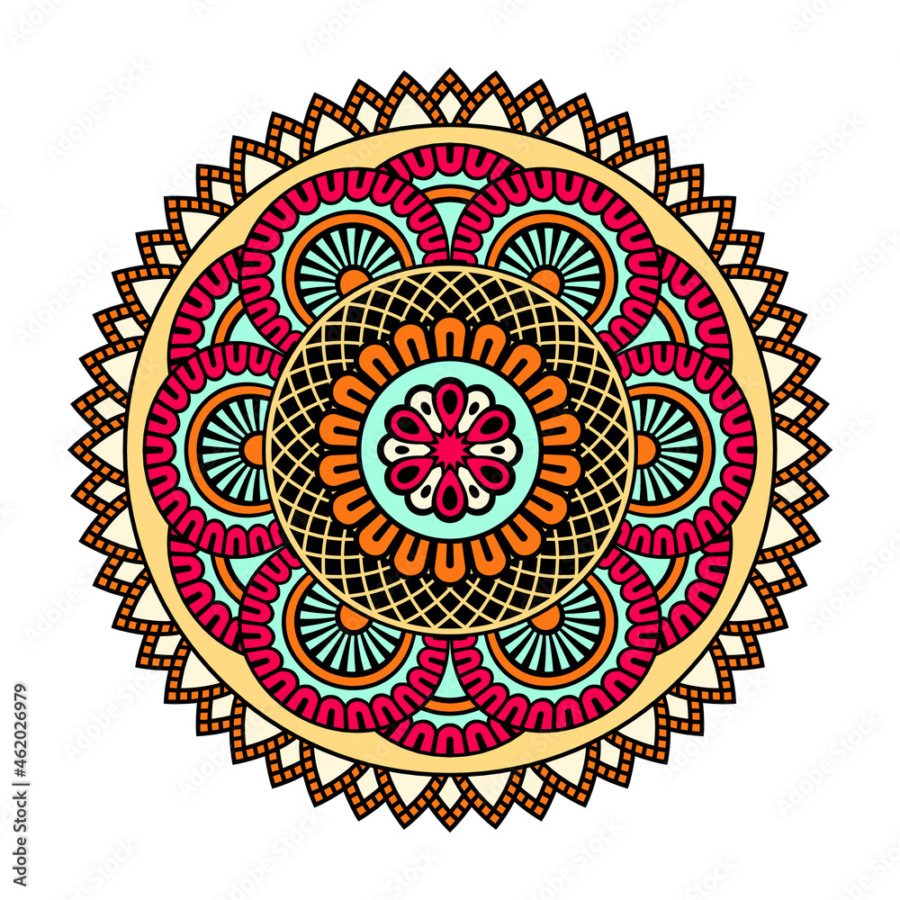 Vector mandala isolated on white background. Card with ornament in blue, red and yellow colors. Oriental pattern for design