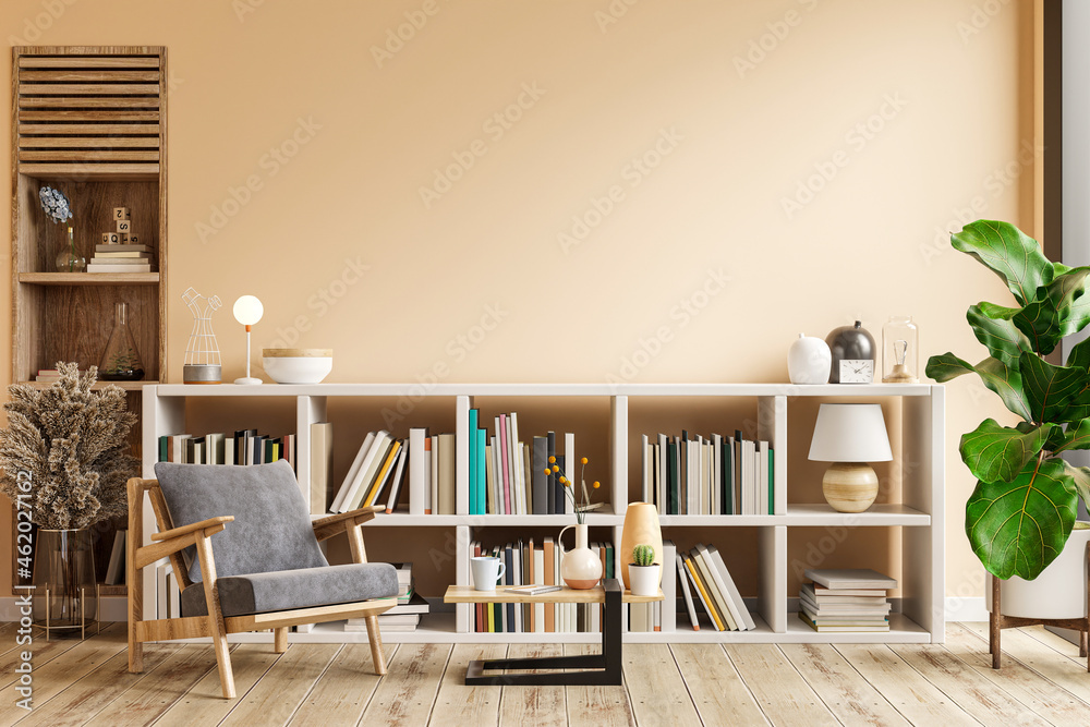 Interior design of living room with armchair on empty light cream color wall,library room. - obrazy, fototapety, plakaty 