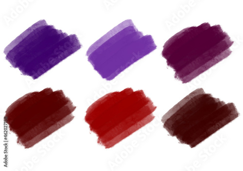 Colección paleta de colores morados, borgoña, rojo, burdeos y marrón. Mancha de maquillaje, muestra de pintalabios.