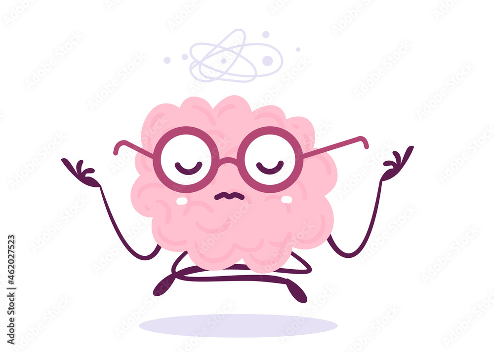 Vector Creative Illustration of Thoughtful Pink Human Brain Character in Glasses on White Background. Flat Doodle Style Knowledge Concept Design of Levitation Yogi Brain - obrazy, fototapety, plakaty 