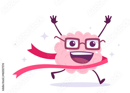 Vector Creative Illustration of Happy Champion Brain in Glasses Run through Tape on White Color Background. Flat Doodle Style Knowledge Concept Design of Happy Smile Human Brain Character
