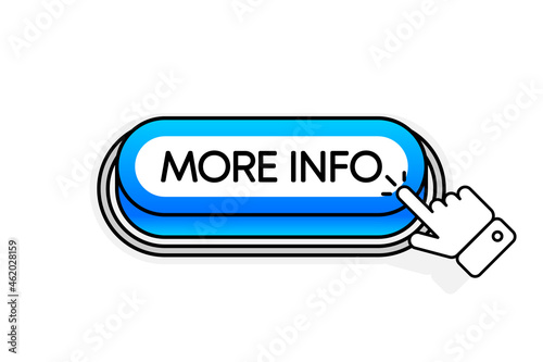 Blue 3D button with the inscription More Info, isolated on a white background. Mouse cursor. Linear design. Vector illustration.