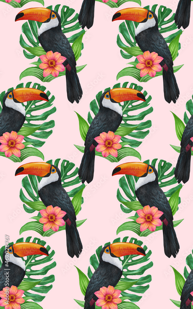Seamless Pattern with hand-drawn Toucan, palm leaves and flowers, digitally colored