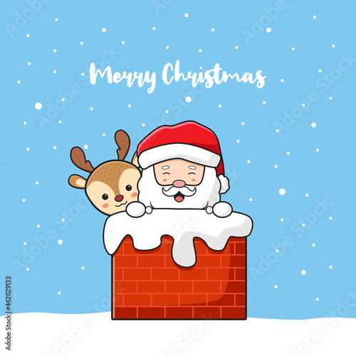 Cute santa claus and deer greeting merry christmas and happy new year cartoon doodle card background illustration
