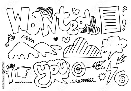 doodle icon design of wanted sign and other elements