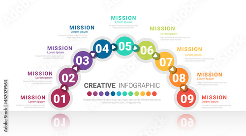 Half circle Infographic elements design with 9 options or steps. Infographics for business concept. Can be used for presentations banner, workflow layout, process diagram, flow chart, info graph