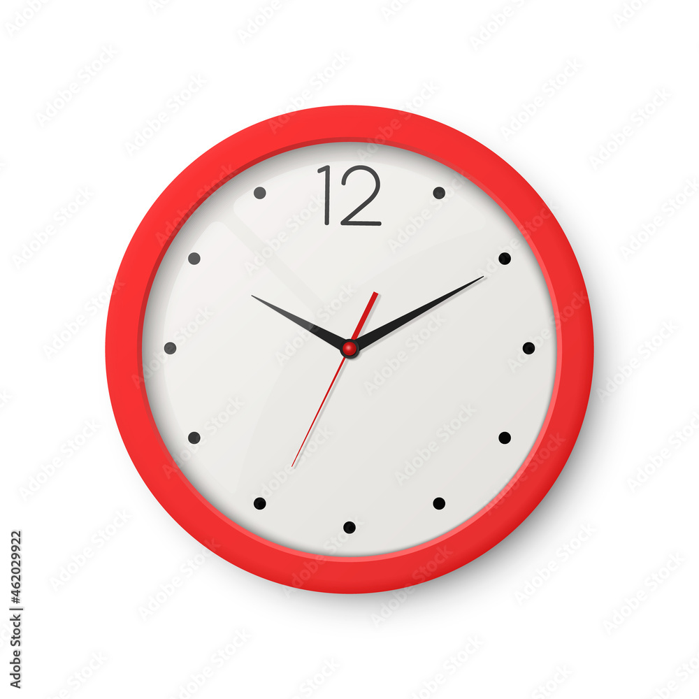 Vector 3d Realistic Red Wall Office Clock Isolated on White. White Dial. Design Template of Wall Clock Closeup. Mock-up for Branding, Advertise. Top, Front View