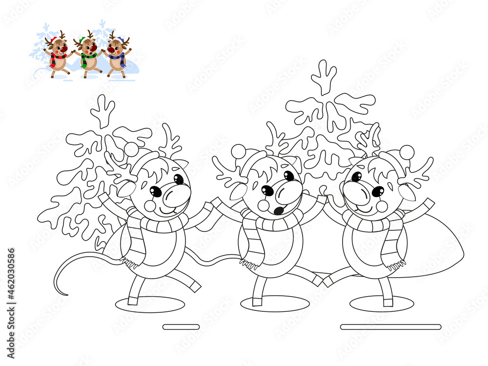 Obraz premium Three cute Christmas reindeer are dancing in the snow-covered forest. A picture for coloring and a color sample.