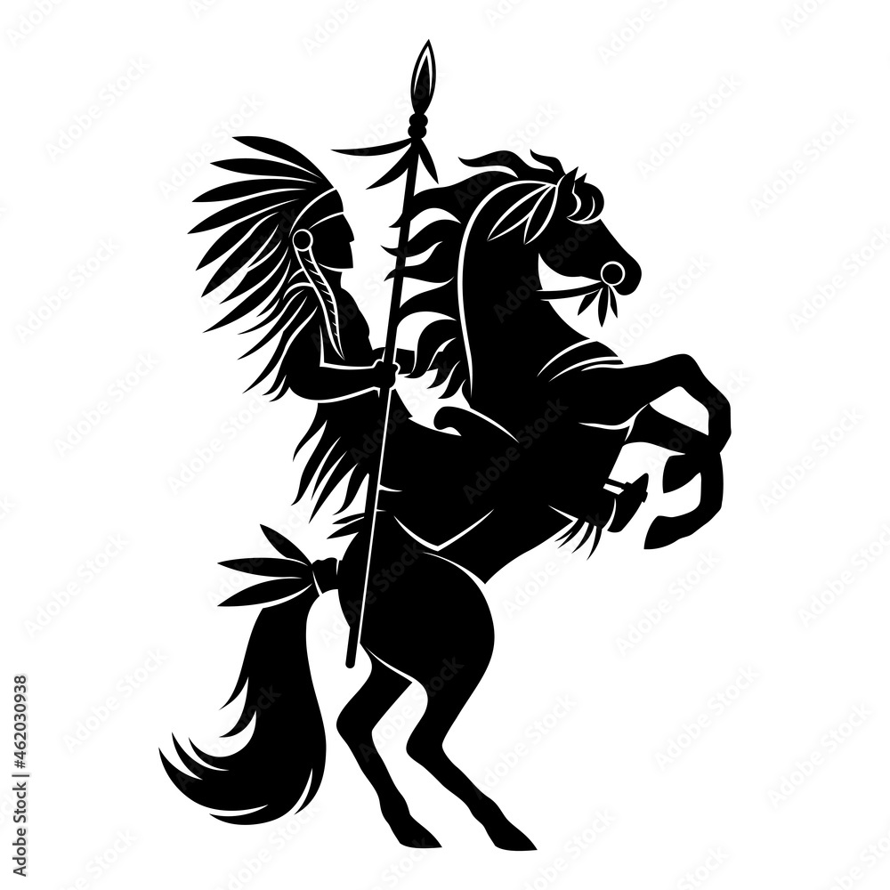 Illustration of an American Indian with a spear riding a horse on a white background.