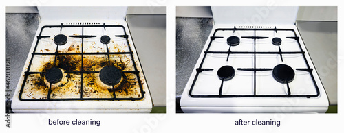 Kitchen white stove before and after cleaning service cleaning. Dirty gas stove stained while cooking, stove in grease. Unsanitary conditions, mess in house. Collage before, after cleaning from dirt.
