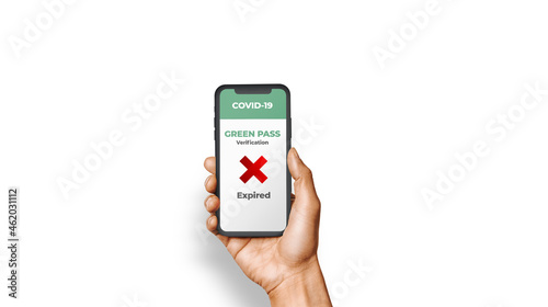 Hand holding a phone with an expired Green Pass verification for covid-19 