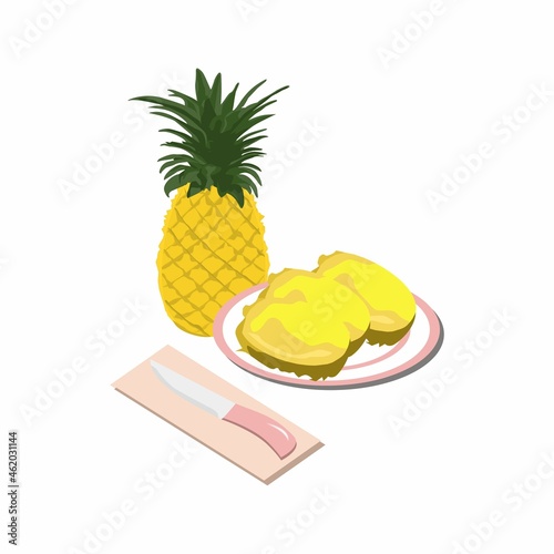 An illustration of a sweet and fresh pineapple that has been cut and placed on a plate, suitable for children's books and magazines as well as books on nutrition and  for other business purposes.