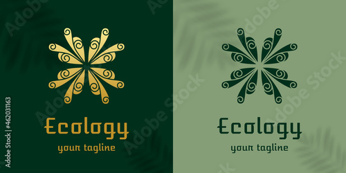 Logo in the form of a flower, petal, clover, natural motives. Eco emblem, organic, natural green for label, label, packaging, badge or badge of natural food, beverage, cosmetics. Flower shop design.