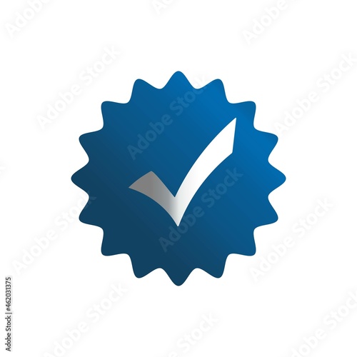 Approved certified icon. White check mark with blue circle shape sparkle star sticker label isolated on white background.