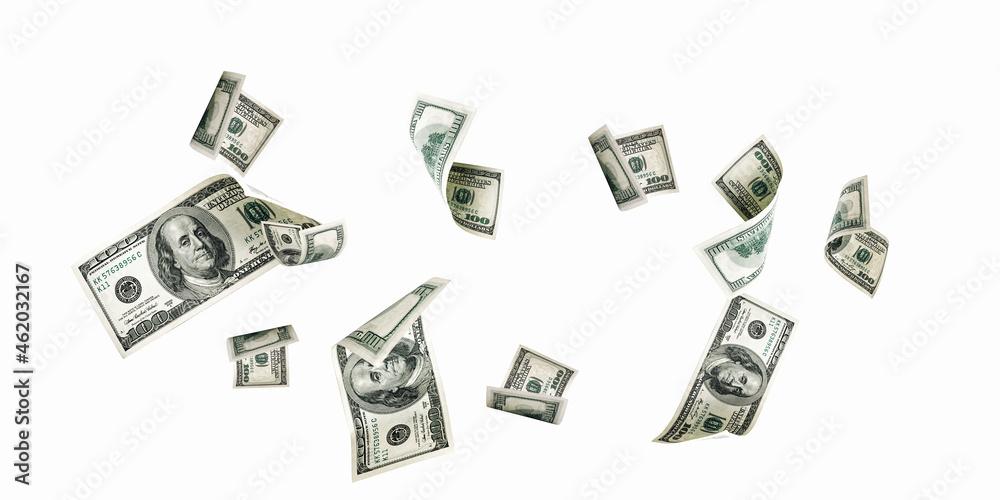 Hundred dollar bill. Falling money isolated on white background. American cash. - obrazy, fototapety, plakaty 