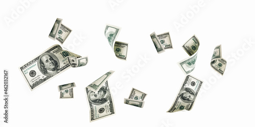 Hundred dollar bill. Falling money isolated on white background. American cash.