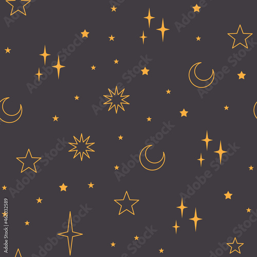 Stars seamless pattern with sun, moon. Mystical esoteric background for astrology design. Cosmos and space texture background.