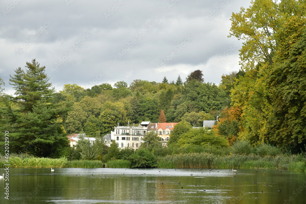 Les étangs de Watermael-Boitsfort avec sa végétation luxuriante contrastant avec les immeubles en plein bois au sud de Bruxelles Les étangs de Watermael-Boitsfort avec sa végétation luxuriante contrastant avec les immeubles en plein bois au sud de Bruxelles