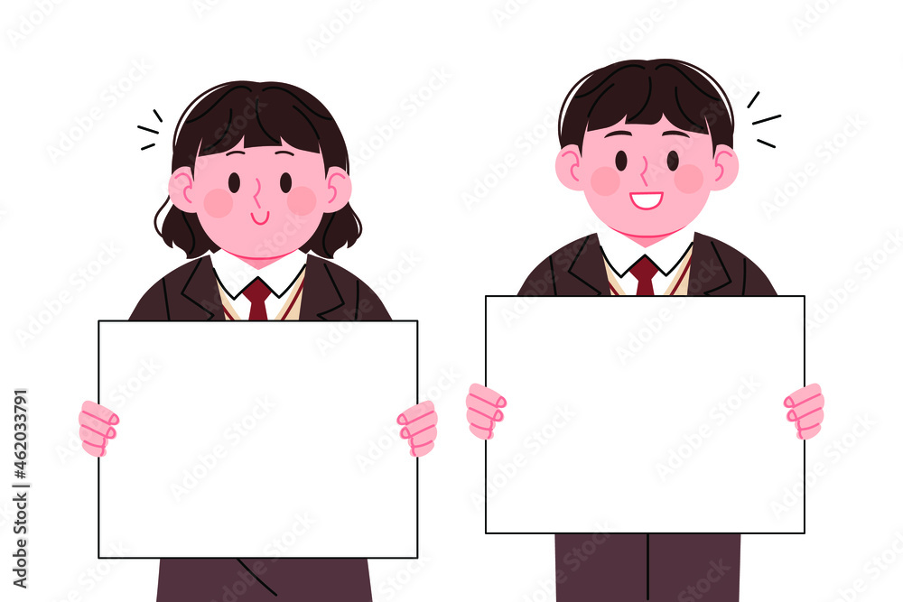 Korean high school student character in school uniform. Boys and girls holding blank signs for writing text. Korean high school student character in school uniform. Boys and girls holding blank signs for writing text.
