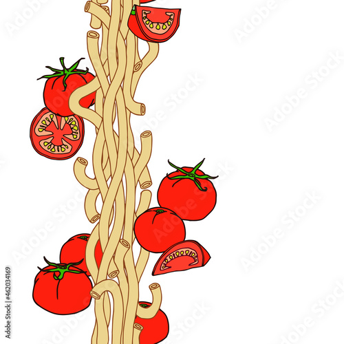 vertical seamless pattern of spaghetti with tomatoes, for a frame or border, menu design, color vector illustration with contour lines isolated on a white background in a hand drawn style