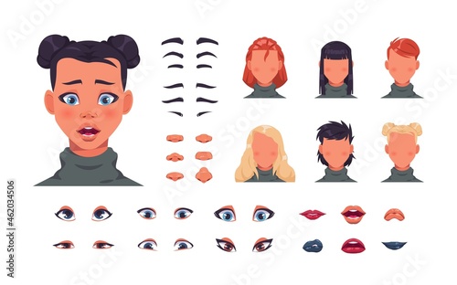 Female face kit. Woman character avatar constructor with hair, eyes and lips. Face shape with various hairstyle. Eyebrows or nose editor mockup. Vector elements set for portrait creation