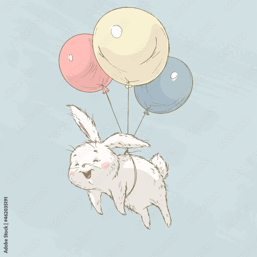 Cute little white bunny character flying with balloons isolated. Vector ...