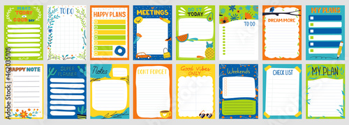 Cute planner. Notepad to do list. Paper page with colorful decoration. Schedule card and memo mockup. Organizer sheets templates set. Kids school stationery. Vector agenda collection
