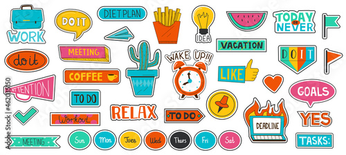 Journal sticker. School planner or scrapbook labels. Agenda or weekly calendar tags with flat doodle sketches and typography. Motivational notes for to do list. Vector diary elements set