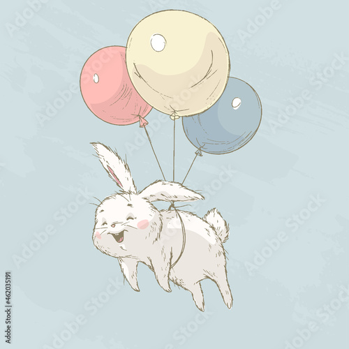 Cute little white bunny character flying with balloons isolated. Vector flat sketch hand drawn illustration. For nursery cards, banners, stickers, baby shower etc.
