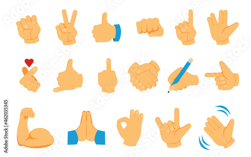 Hand emoji. Palm fist and fingers social emoticon collection. Thumb up and greeting waving arm. Victory and handshake gestures. Isolated body parts. Vector online communication symbols set