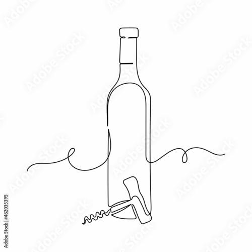 Continuous one line drawing of corkscrew and bottle of wine in silhouette on a white background. Linear stylized.