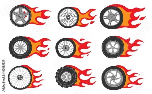 Flame wheels. Doodle car motorcycle and bicycle tires with dynamic fire. Isolated burning automobile circles for branding and logo. Fast driving icons. Vector hand drawn shapes set