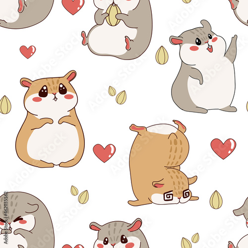 Hamster pattern. Cartoon seamless texture with funny fluffy pet. Home happy animal print for kids wallpaper. Rodent character with kawaii emotion expressions. Vector chipmunk background