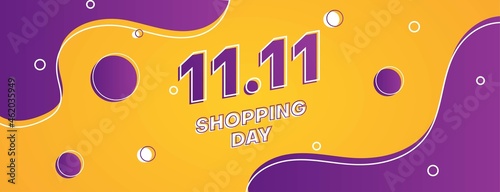 11.11 shopping day banner design template with purple liquid shape on orange background