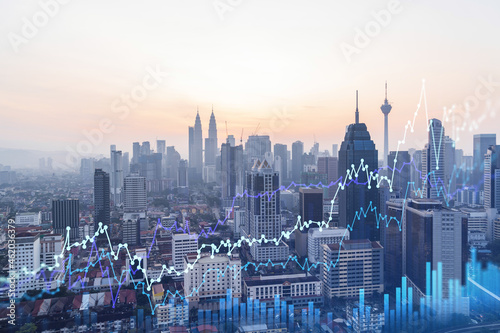 Canvas Print Glowing FOREX graph hologram, aerial panoramic cityscape of Kuala Lumpur at sunset