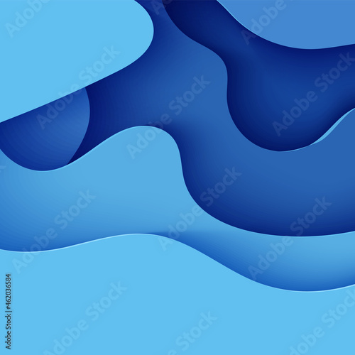 Abstract background in paper cut style. 3d wallpaper with cut out deep waves modern cover. Blue color layers with smooth shadow papercut art. Vector card illustration, origami geometric shapes