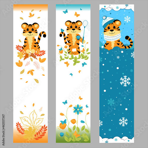 Set of vector bookmarks. Cute little tiger in different seasons. Colorful design can be used background, banner.