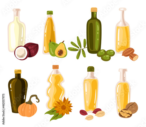 Different oil bottle design element set collection. Vector cartoon hand drawn illustration