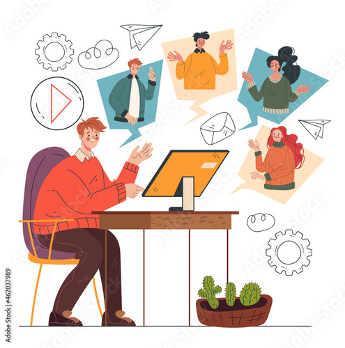 Online business conference design element concept. Vector cartoon hand drawn illustration