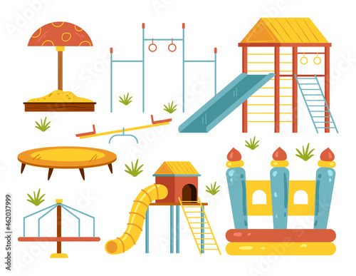 Children playground isolated design element set collection. Vector cartoon hand drawn illustration