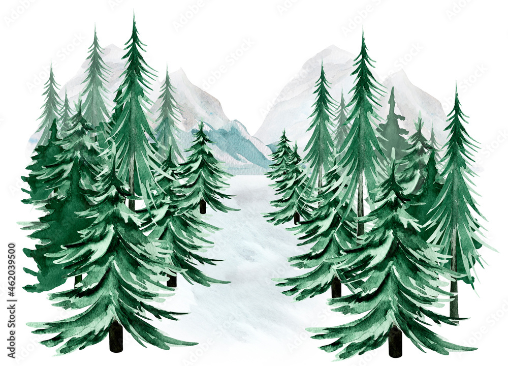 Forest road to mountains watercolor. Template for decorating designs and illustrations.