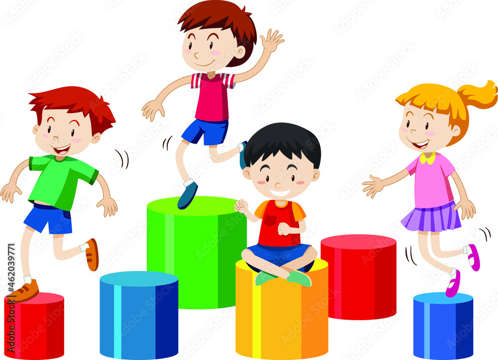 four kids playing together isolated white background