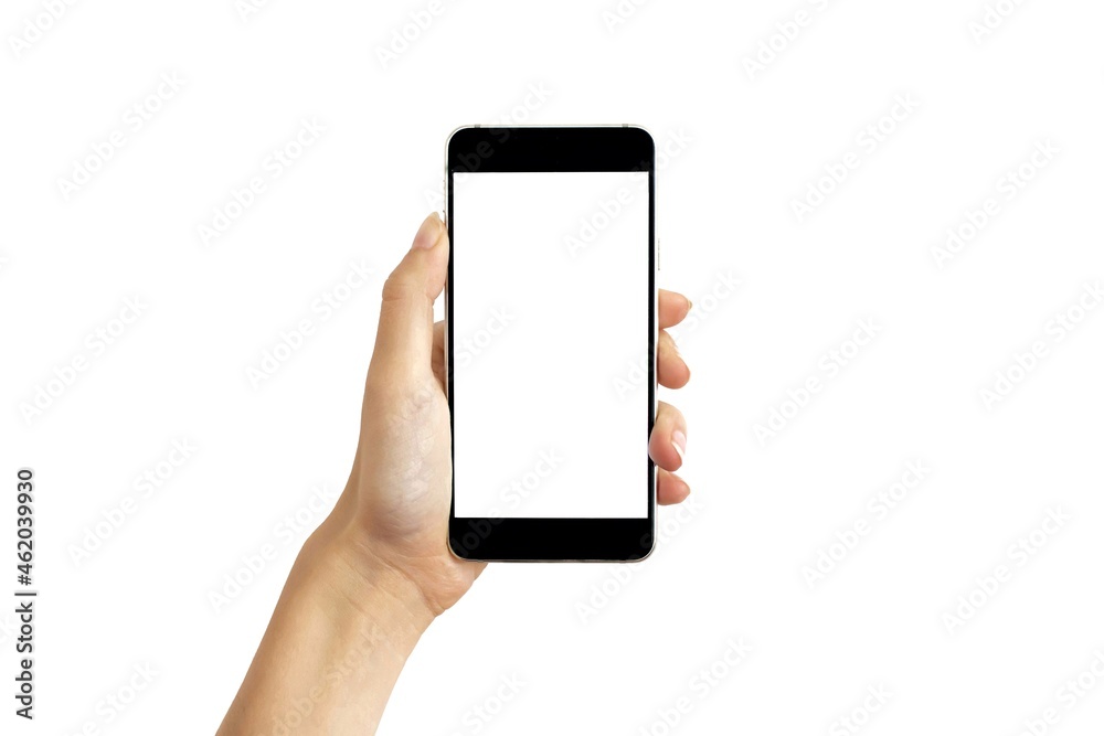 Hand holding smartphone, woman hand using blank screen mobile phone isolated on white background. Hand holding smartphone, woman hand using blank screen mobile phone isolated on white background.