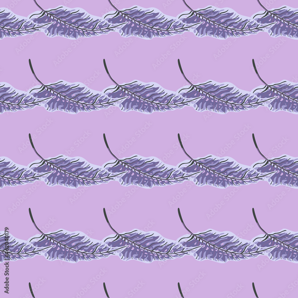 Abstract tropical seamless pattern with leaves on lilac background.