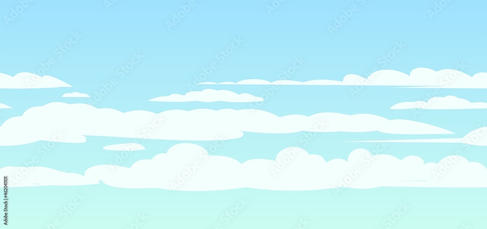 Sky clouds background. Illustration in cartoon style flat design. Heavenly atmosphere. Vector