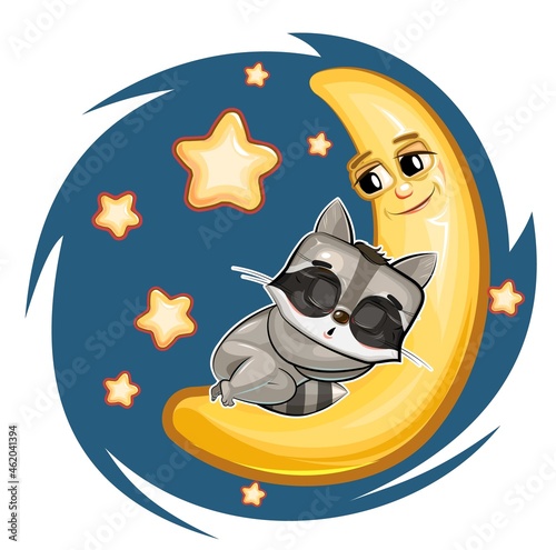 Kid Raccoon sleeps on the moon. Dreaming a dream. Childrens illustration. Funny Night sky. The baby animal fell asleep. Cartoon style picture. Isolated on white background. Vector