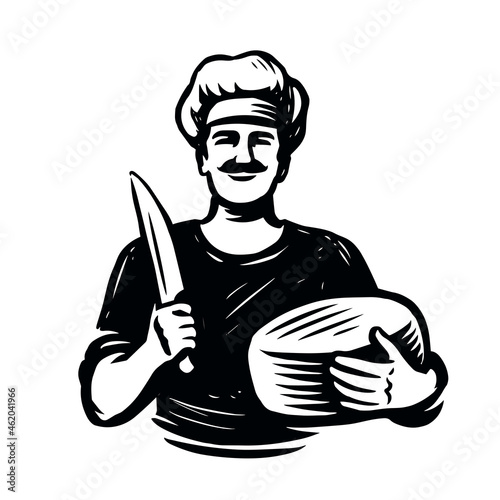 Chef with head of cheese. Food concept sketch. Hand drawn vintage vector illustration