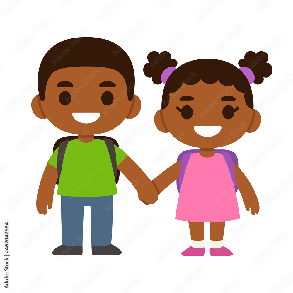 Two cute cartoon Black children with school backpacks smiling and holding hands. 