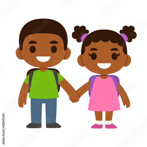 Two cute cartoon Black children with school backpacks smiling and holding hands. 
